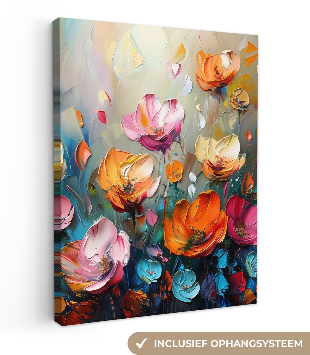 Canvas schilderij 30x40 cm - Wanddecoratie Bloemen - Kleurrijk - Abstract - Verf - Natuur 