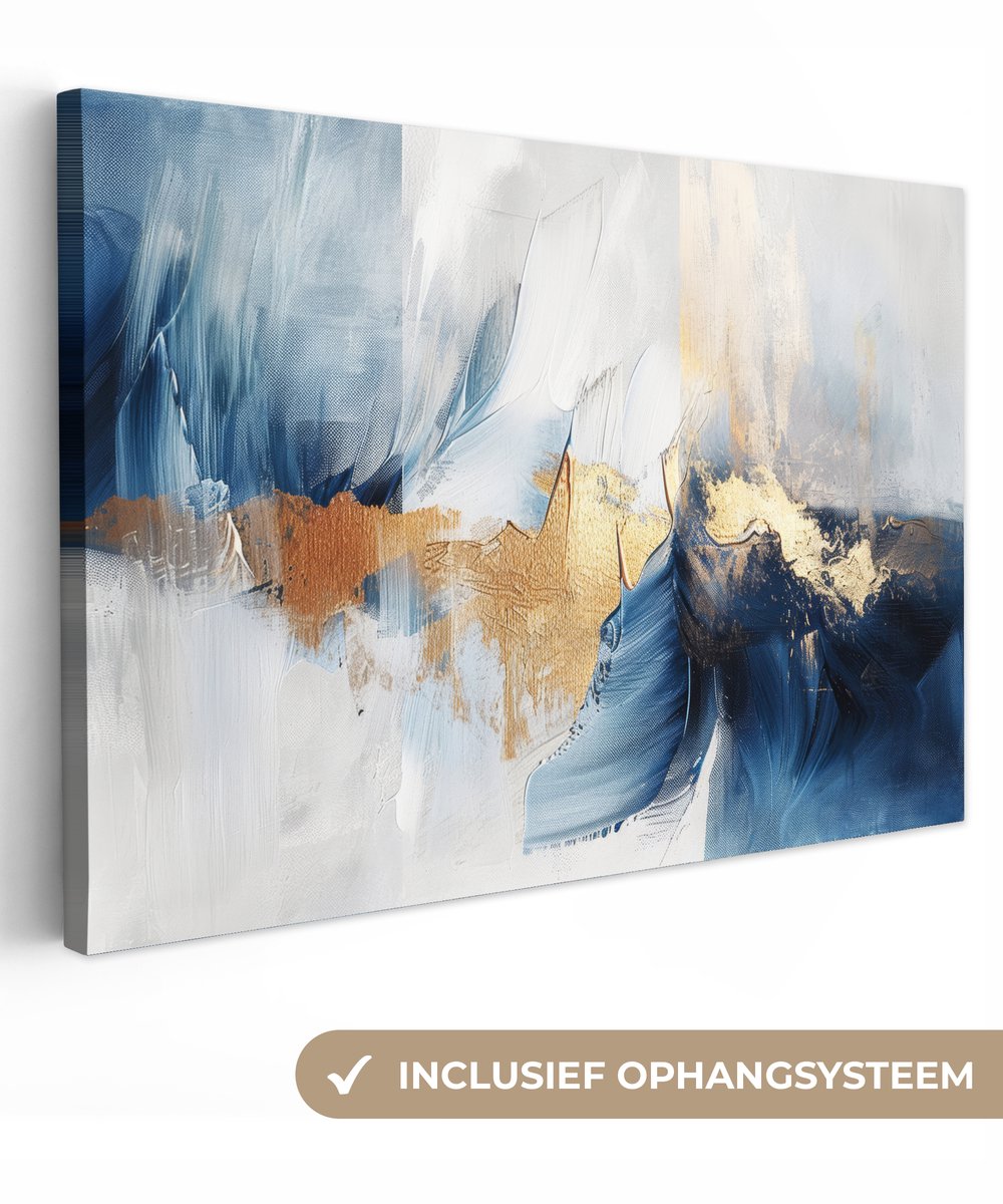 Canvas schilderij 150x100 cm - Wanddecoratie Goud - Blauw - Verf - Kunst - Modern - Muurdecoratie woonkamer - Kamer decoratie modern - Abstracte schilderijen
