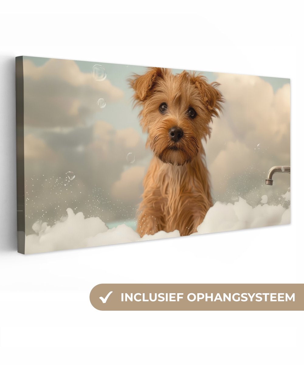Canvas schilderij 100x50 cm - Wanddecoratie badkamer Hond - Bad - Dieren - Schuim - Muurde