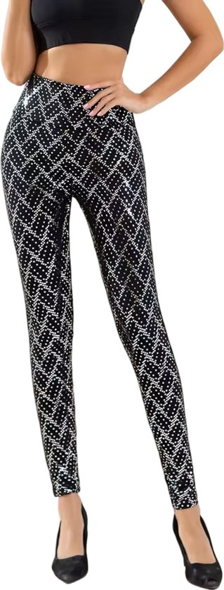 Zwarte legging met een all-over ruitpatroon van zilveren glinsteringen.