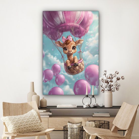 Peinture sur toile 80x120 cm - Décoration murale chambre enfant Montgolfière - Girafe - Ballon - Nuages ​​- Violet - Décoration murale murale chambre bébé - Décoration chambre garçon et fille - Accessoires Bébé - Peintures