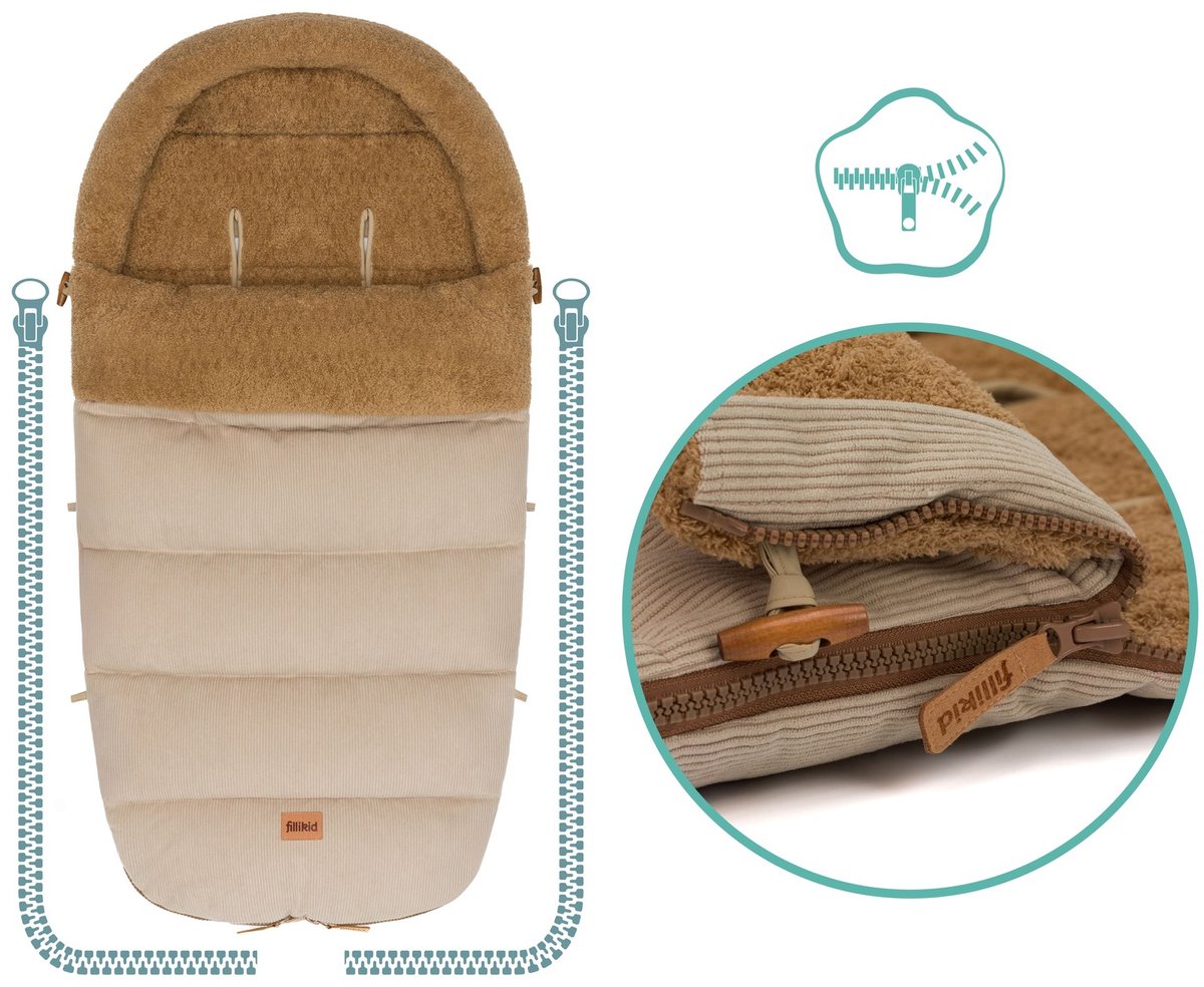 Winter voetenzak kinderwagen en buggy Teddy - Thermo - Waterafstotend - Ritssluiting - Corduroy - Nature - Fillikid – foto 8