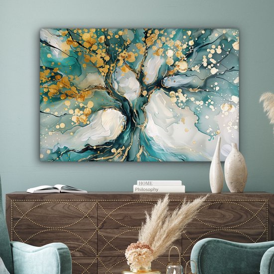 Canvas schilderij 120x80 cm - Wanddecoratie Boom - Modern - Verflook - Turquoise - Goud - Muurdecoratie woonkamer - Slaapkamer decoratie - Kamer accessoires - Schilderijen op canvas