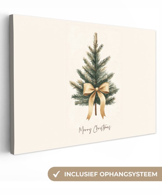 Canvas schilderij 120x80 cm - Wanddecoratie Kerstboom - Kerst - Merry Christmas - Beige - Muurdecoratie woonkamer - Slaapkamer decoratie - Kamer accessoires - Schilderijen op canvas - Kerstdecoratie voor binnen - Kerstversiering - Kerstmis versiering