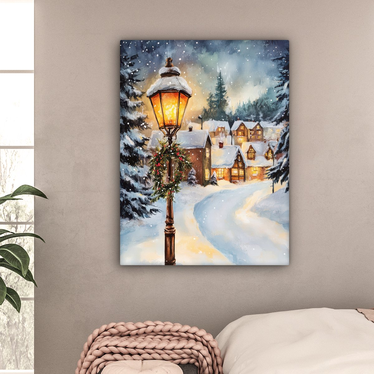Canvas schilderij 90x120 cm - Wanddecoratie Kerstdorp - Huizen - Sneeuw - Kerst - Muurdecoratie woonkamer - Slaapkamer decoratie - Kamer accessoires - Schilderijen op canvas - Kerstdecoratie voor binnen - Kerstversiering - Kerstmis versiering – foto 4