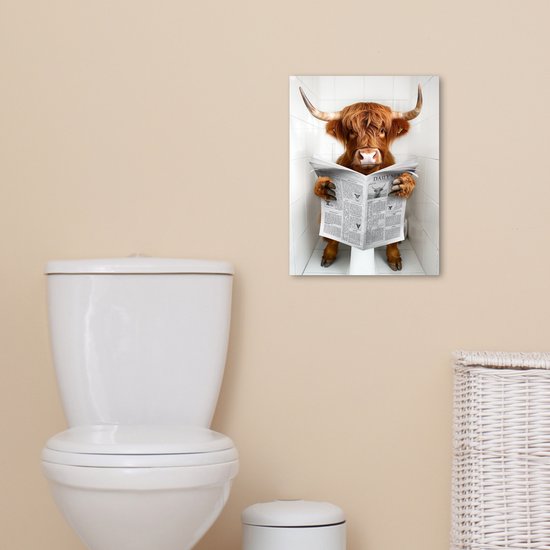 Peinture sur toile 30x40 cm - Décoration murale salle de bain Highlander écossais - Animal - Journal - Toilettes - Décoration murale murale WC - Accessoires décoratifs - Décoration murale Toilettes - Peintures sur toile