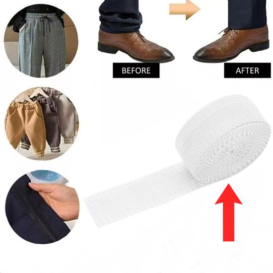Witte zoomband met voorbeelden van verkorte broeken en strijkinstructies op een broekspijp.