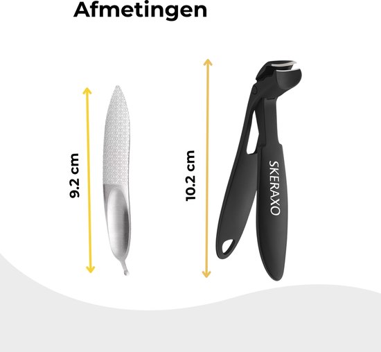 Afmetingen: 9.2 cm vijl, 10.2 cm SKRRAXO nagelknipper.