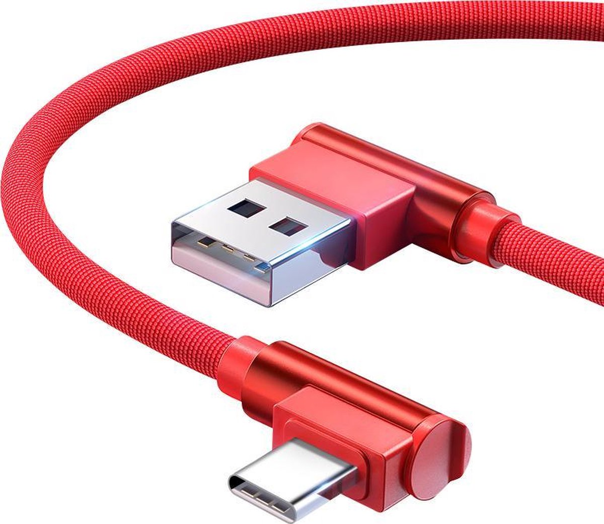 DrPhone D9 - Type-C Dubbele 90° Haakse Gevlochten 3A kabel - Datasynchronisatie & Snel opladen – Zwart/Rood