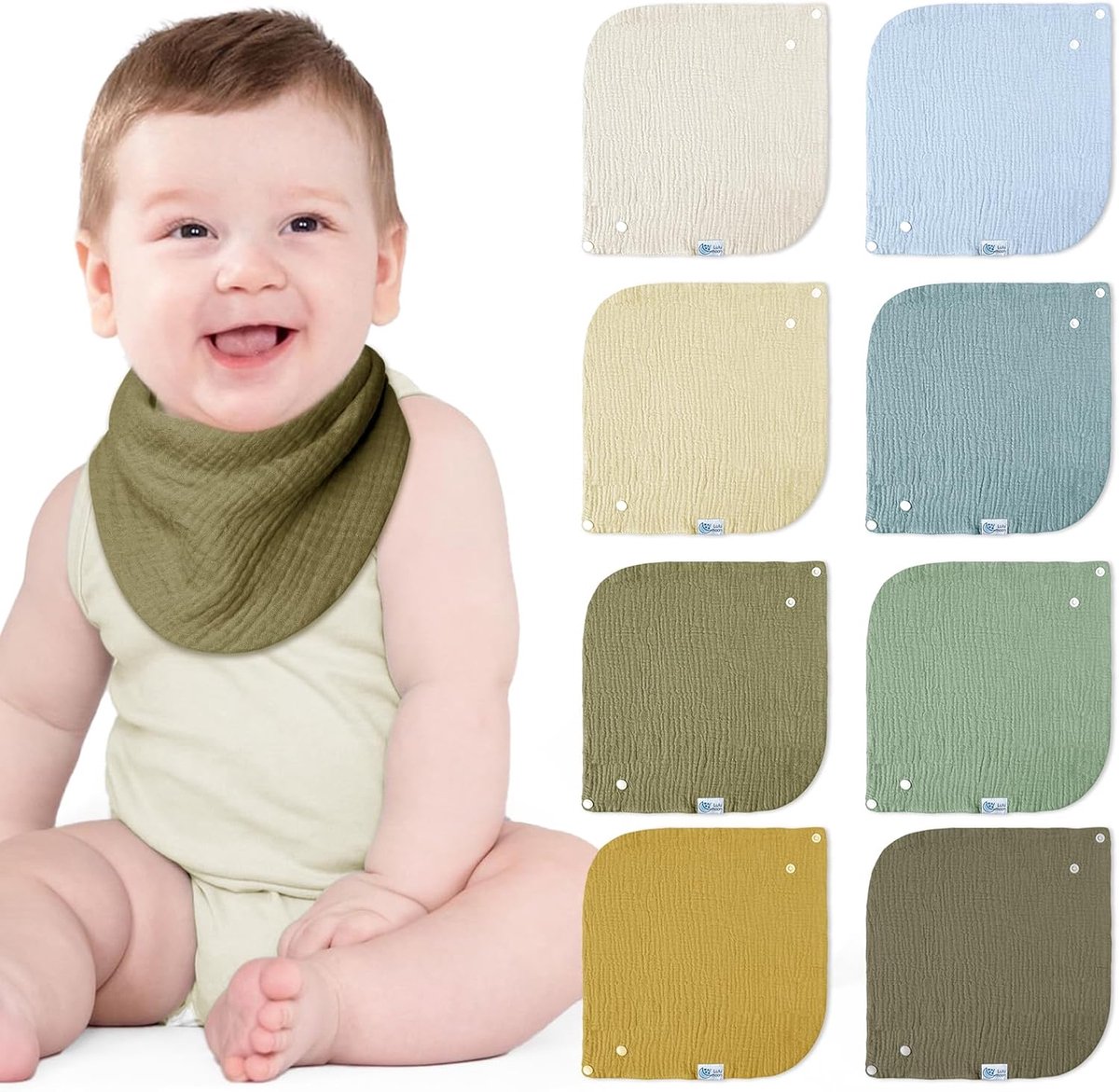Image of Absorberende Driehoekige Slabbetjes voor Baby's - 100% Biologisch Katoen, Zachte Mousseline, 4 Verstelbare Drukknoppen, Uniseks (8 Stuks)