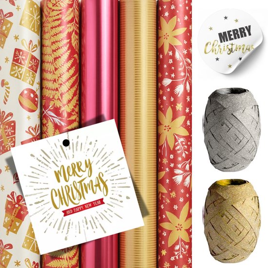 Luxe Kerst Cadeau Inpakset – "Festive Gold & Red" – 5 Rollen Cadeaupapier (200×70 cm), 10 Kaartjes (7×7 cm), 2x Cadeaulint (Goud & Zilver, 10 m) & 50 Merry Christmas Stickers – Luxe Inpakset