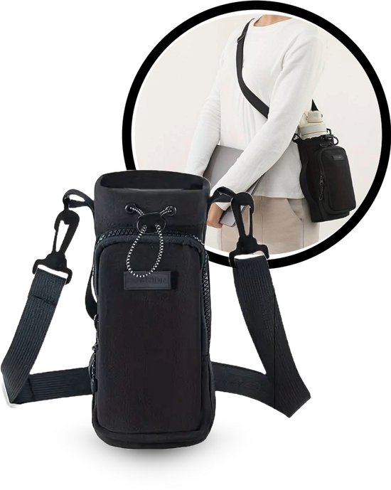 Bottle Bag | Reistas met fleshouder | Festival | Reizen | Wandelen | Wandeltocht | Backpacken | Vakantie | Paardrijden| Travel | Telefoontasje | Crossbody | Travelbag | Bidon Tas | Waterflesdop | Paardrijtas | Zwart