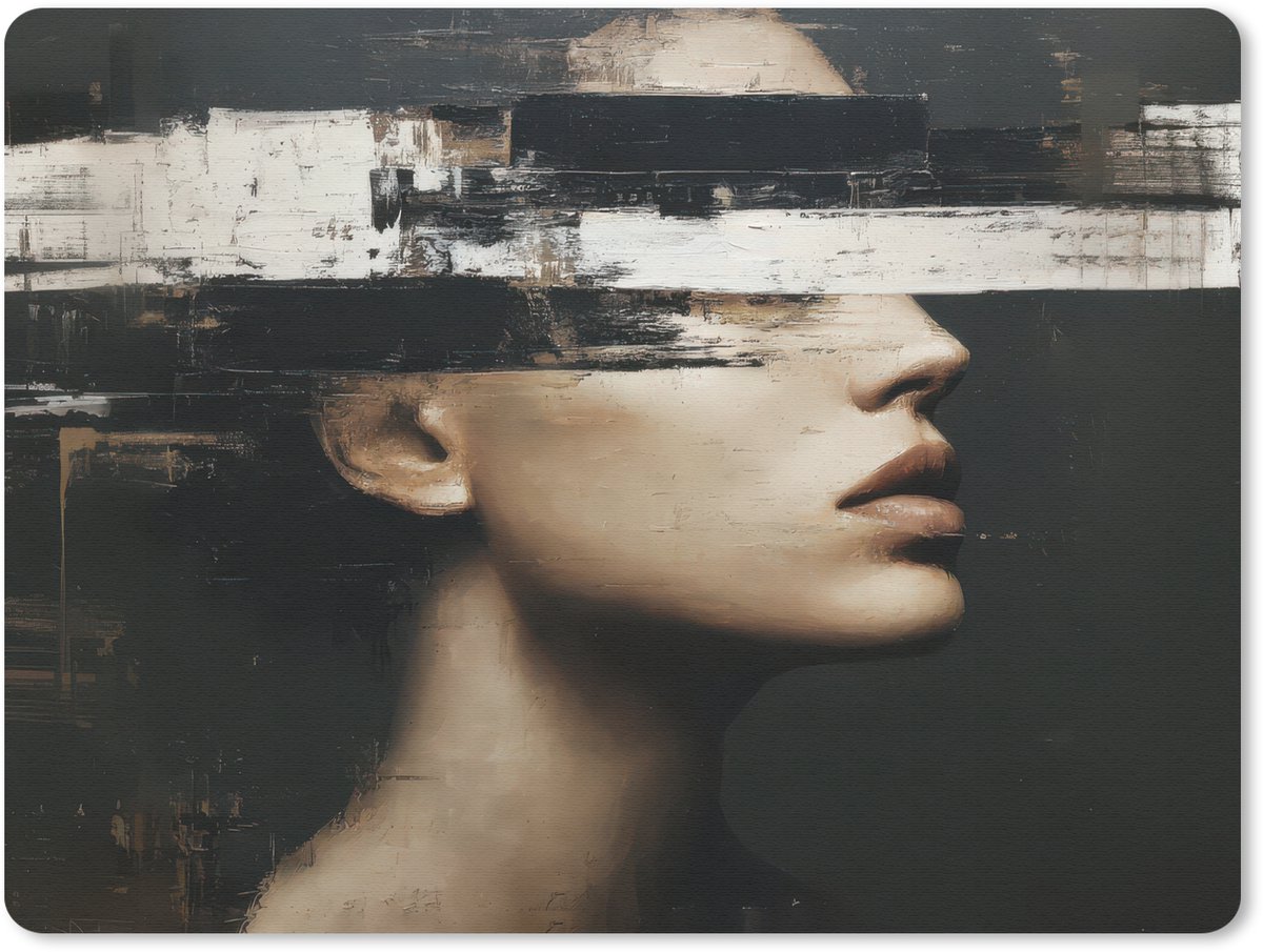 Muismat 23x19 cm - Mousepad Gezicht - Vrouw - Zwart - Abstract - Muismatten