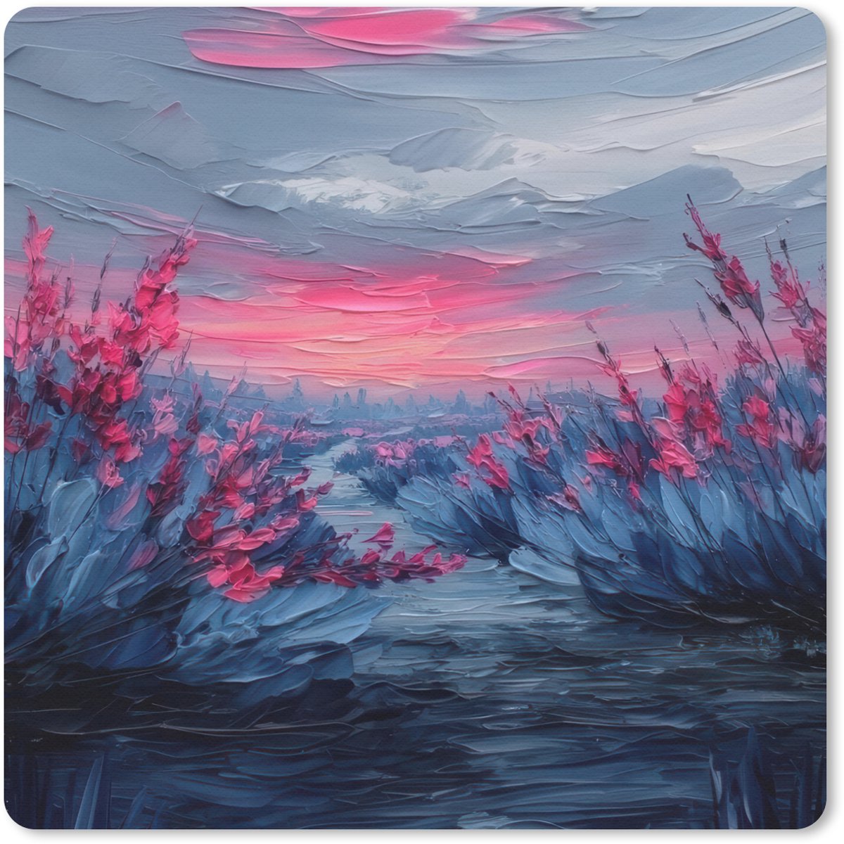 Muismat 20x20 cm - Mousepad Schilderij - Zonsondergang - Bloemen - Rivier - Muismatten