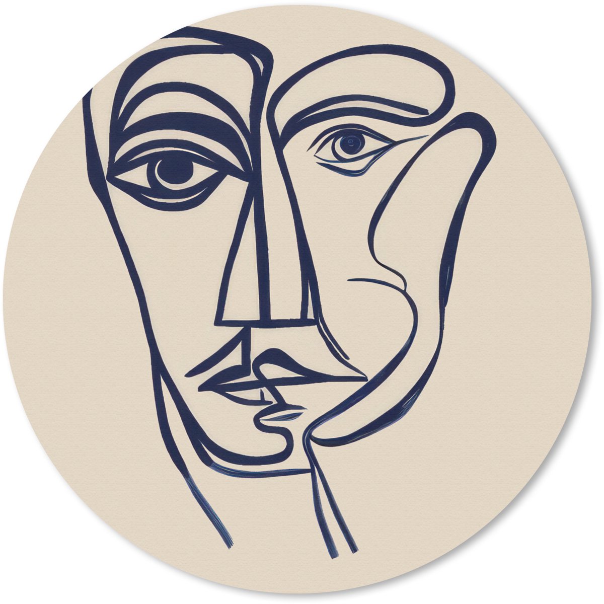 Muismat rond 30x30 cm - Mousepad Minimalistisch - Lijnillustratie - Beige - Donkerblauw - Ronde muismatten
