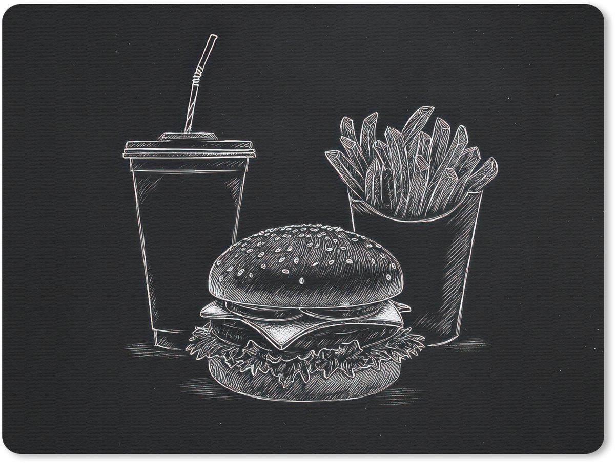 Muismat 23x19 cm - Mousepad Hamburger - Friet - Frisdrank - Krijttekening - Muismatten