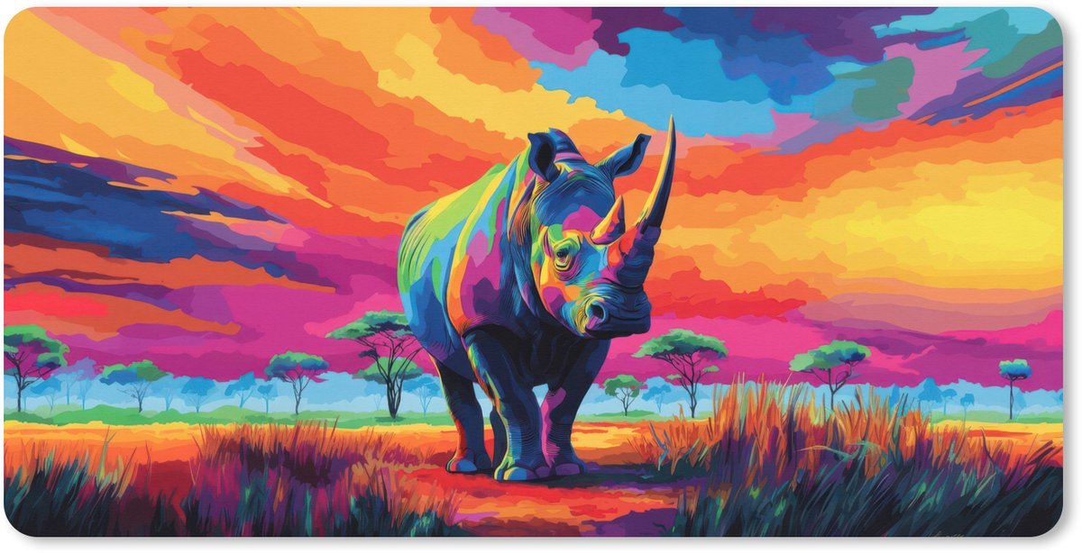 Muismat XXL 120x60 cm - Bureau onderlegger - Bureau mat Neushoorn - Zonsondergang - Savanna - Kleurrijk - Bureaumat - Gaming mousepad xl - Bureaulegger groot - Computer deskmat