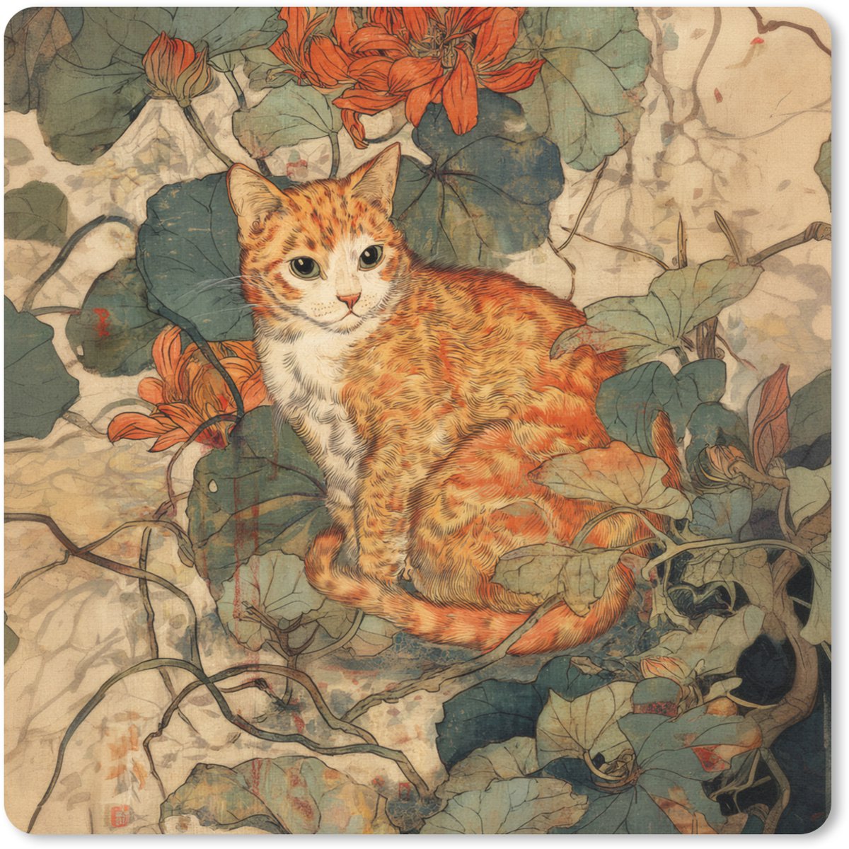 Muismat 20x20 cm - Mousepad Kat - Sierlijk - Bloemen - Muismatten