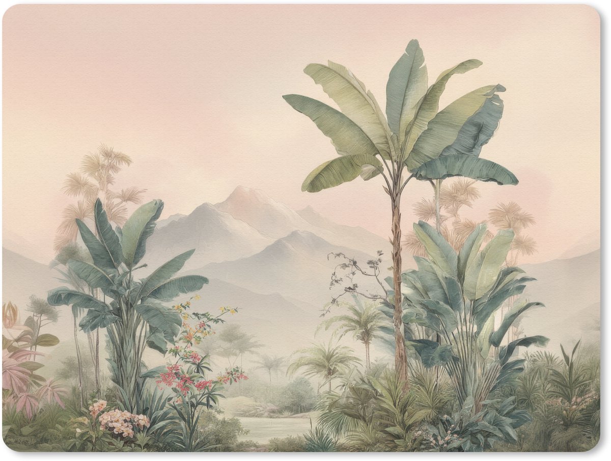 Muismat 23x19 cm - Mousepad Tropisch landschap - palmbomen - Bloemen - Roze lucht - Muismatten