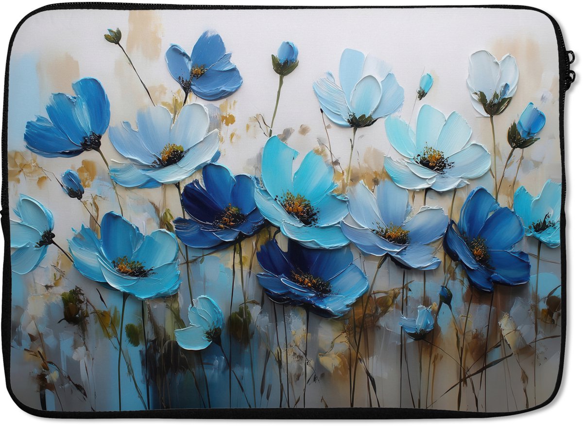 Laptophoes 14 inch - Bloemen - Schilderij - Blauw - Laptop sleeve - Binnenmaat 33x23 cm - Zwarte achterkant