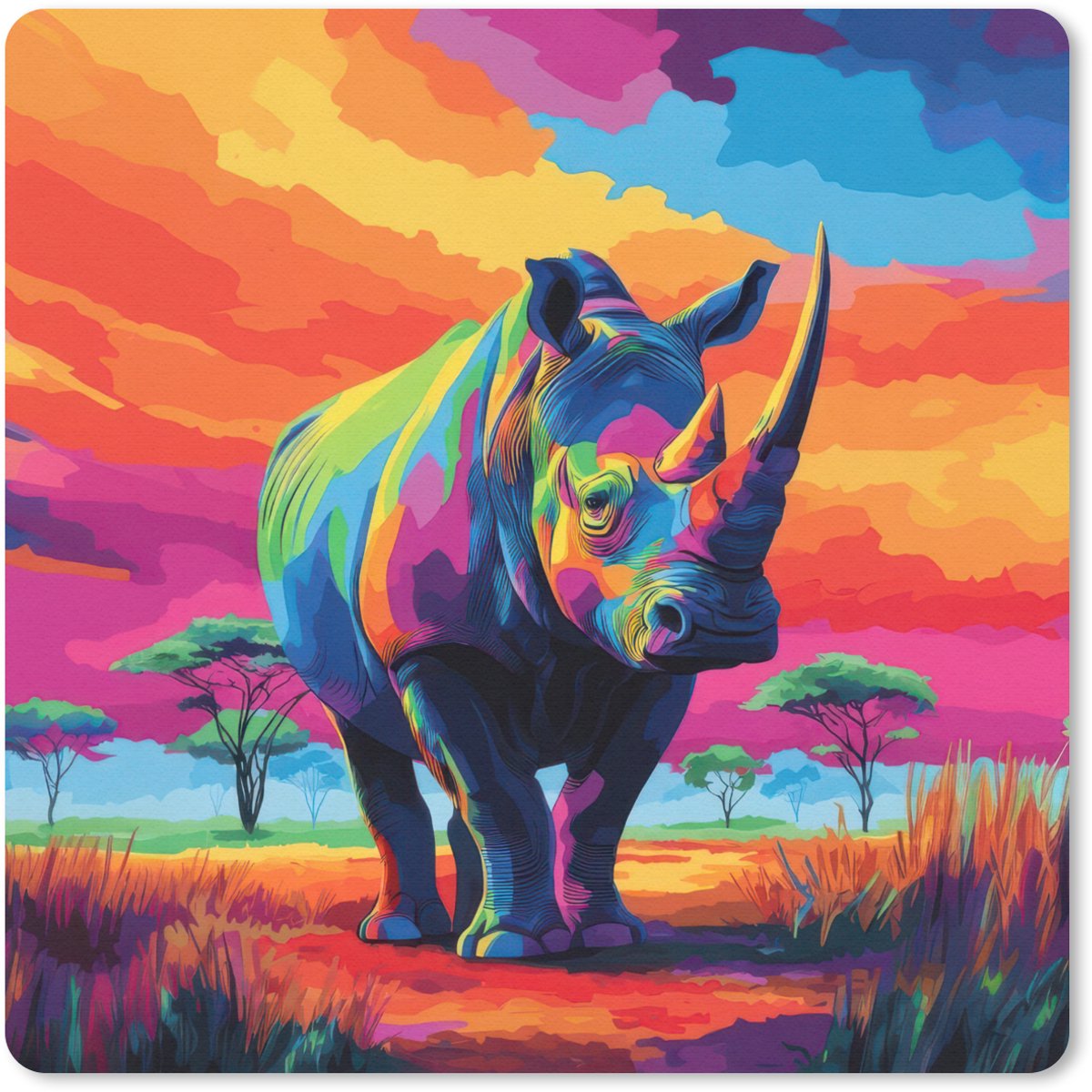 Muismat 30x30 cm - Mousepad Neushoorn - Zonsondergang - Savanna - Kleurrijk - Muismatten