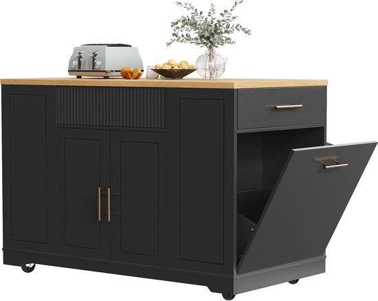 Îlot de cuisine, Meuble de cuisine, Buffet, 120 x 50 x 92 cm, Desserte, Îlot de cuisine mobile, Desserte de cuisine à roulettes, Avec compartiment poubelle, Étagères réglables, Deux portes et trois tiroirs - noir