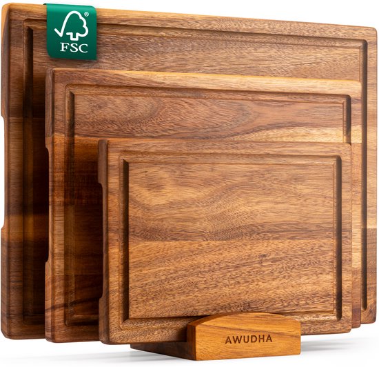 Awudha - 3-Delige Snijplankenset met Houder van Acacia Hout - Olie Finish - Met Sapgeul, Anti-Slip Handvaten - Ideaal als Borrelplank, Hakblok en Snijplank voor de Keuken
