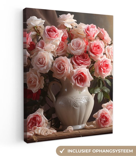 Canvas schilderij 60x80 cm - Vaas met rozen - Stilleven canvas schilderij - Kamer decoratie accessoires - Schilderijen woonkamer - Wanddecoratie slaapkamer - Muurdecoratie keuken - Wanddoek interieur binnen - Woondecoratie huis