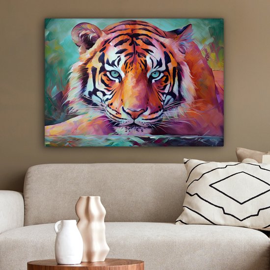 Canvas schilderij 80x60 cm - Wanddecoratie Tijger - Olieverf - Dieren - Kunst - Muurdecoratie woonkamer - Slaapkamer decoratie - Kamer accessoires - Schilderijen op canvas