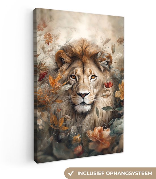 Canvasprint van een leeuw in de natuur, met tekst 'inclusief ophangsysteem'.