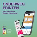 Telefoon met Epson Smart Panel app en een vrolijke inktfles met gezicht.