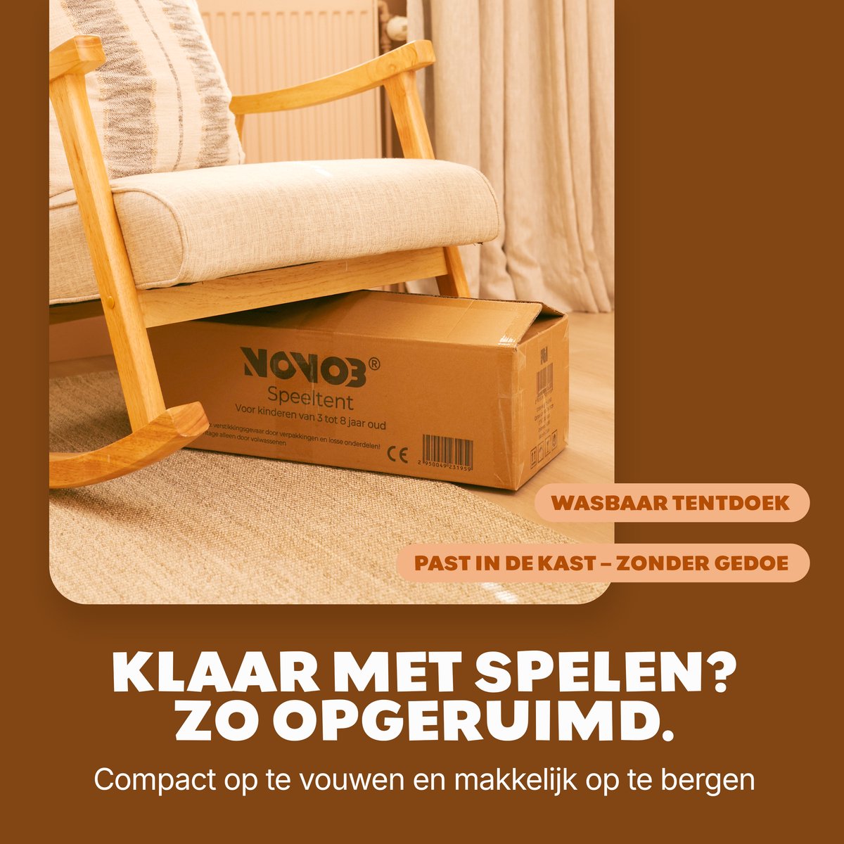 NOVOB® Speeltent - Kinder tent Jongens & Meisjes - Speelhuis voor Binnen - Kinderspeelgoed 3 t/m 8 jaar- Incl. Zachte Mat met Verlichting, 2 Vlaggetjes & Opbergvakken - Beige/Bruin — afbeelding 11