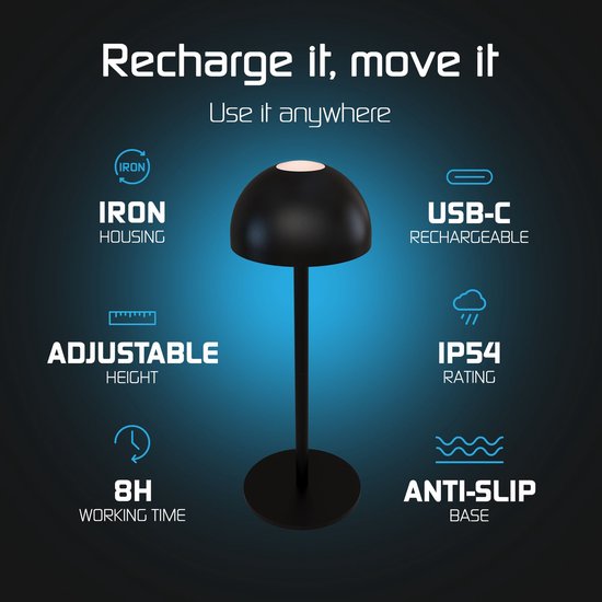 Lampe de table LED noire, dimmable et réglable, avec indice IP54, rechargeable par USB, 8h d'autonomie.