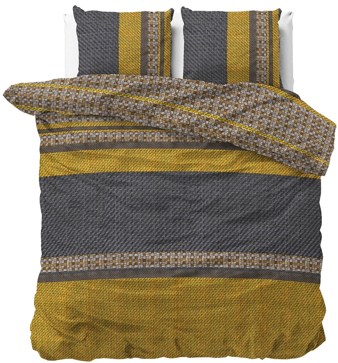 Sleeptime 2-persoons trendy dekbedovertrek okergeel / goud / antraciet / zwart met diverse figuren, strepen en brei patroon tweepersoons 200 x 220 cm (sfeervol en modern beddengoed slaapkamer, Sint & Kerst cadeau!)
