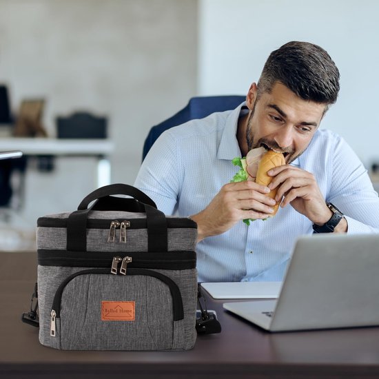 Koeltas, lunchtas, picknicktas, isolatietas, draagbaar, herbruikbaar, met 2 opvouwbare broodtrommel en bestekset, thermotas, grijs, 2 broodtrommels van KOEL — afbeelding 2