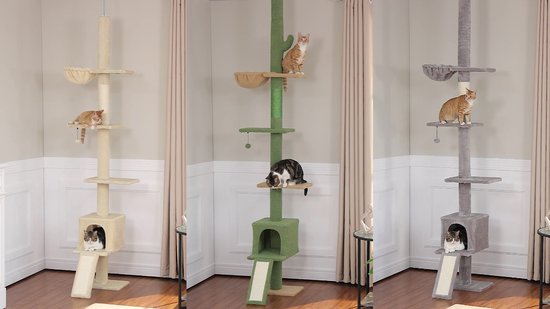 Kattenu TreeTower - Hoge Krabpaal plafond - Verstelbaar van 210-274 cm - Beige - Inclusief Hangmat en Katten huisje
