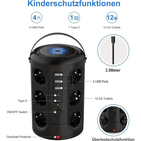 BEVA Toren Elektrische Overspanningsbeveiliging met 12 Stopcontacten en 2 USB C 3 USB A, Meerdere Stopcontacten 2500W/10A met 2 Schakelaars voor Home Office Overspanningsbeveiliging, 2M Snoer