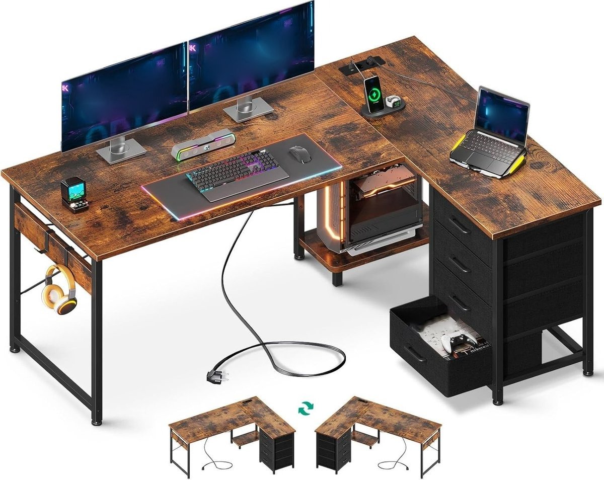 WNHB® Wit L-vormig Hoekbureau – 135x100 cm – Bureau met 4 Lades, Stopcontacten & USB-poort – Omkeerbare Computertafel voor Thuiswerkplek & Gaming