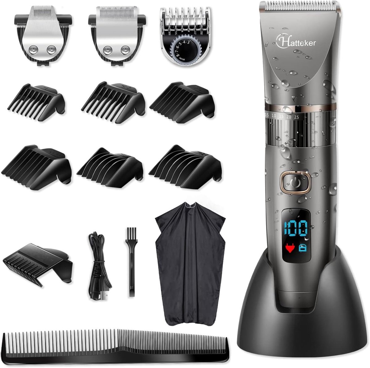 Hatteker 3-in-1 Tondeuse - Professionele Tondeuse voor Mannen - Baardtrimmer, Detailtrimmer en Haarknipper - Waterdicht - met kapperscape