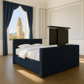 Boxspring met TV-lift Monza 120x200 cm stof Donkerblauw Luxe pocketvering Gratis 2x Hoofdkussens