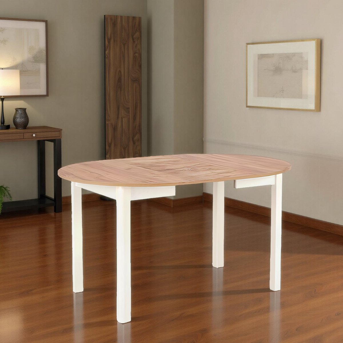 Thèbe Luxe Ronde Uitschuifbare Eettafel – Houtskleur – 6 Persoons – Modern Design – Hout met Fineer – Rond Tafelblad – Stijlvolle Eettafel voor Woonkamer & Keuken ganeey