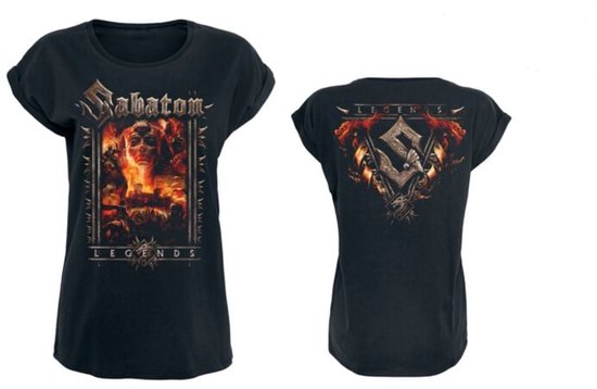 Zwart dames T-shirt met 'Sabaton Legends' opdruk voor en achter. De voorzijde toont een gezicht in vlammen, de achterzijde een S-logo met vleugels.