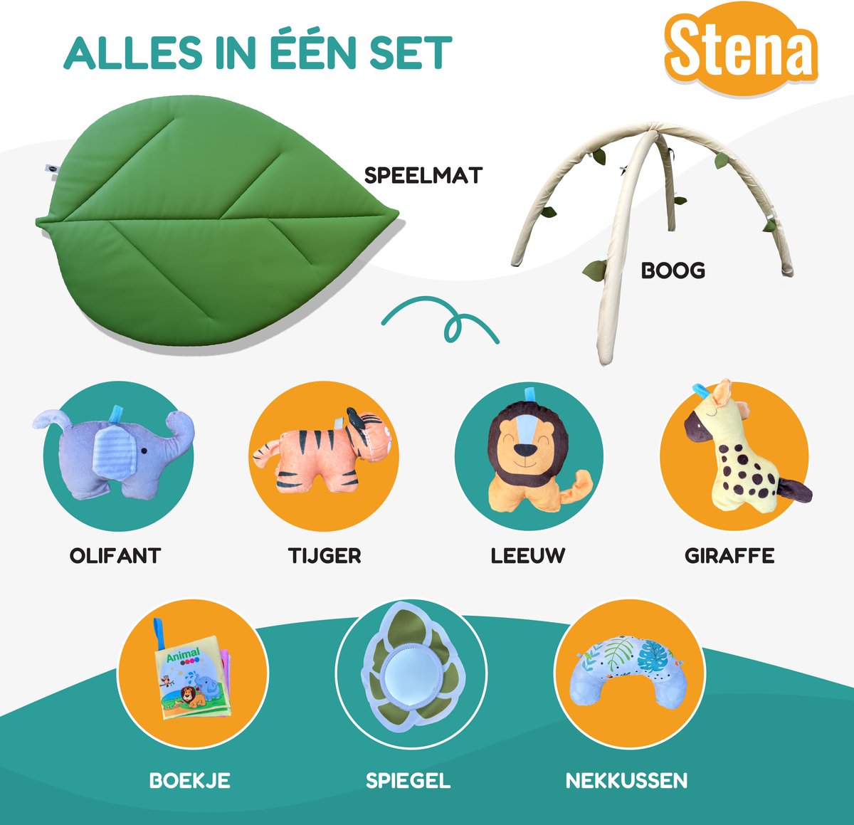Stena Babygym - Speelkleed Baby met Boog - Jungle - 8 Speeltjes - Speelmat - Trendy Design - 0 tot 18 Maanden — afbeelding 8