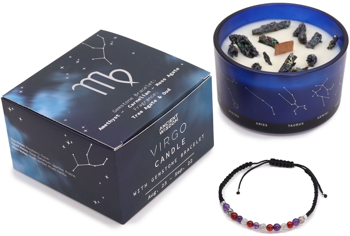 Ancient Wisdom Zodiac kristallen kaars met edelsteen armband - maagd - sterrenbeeldkaars - virgo