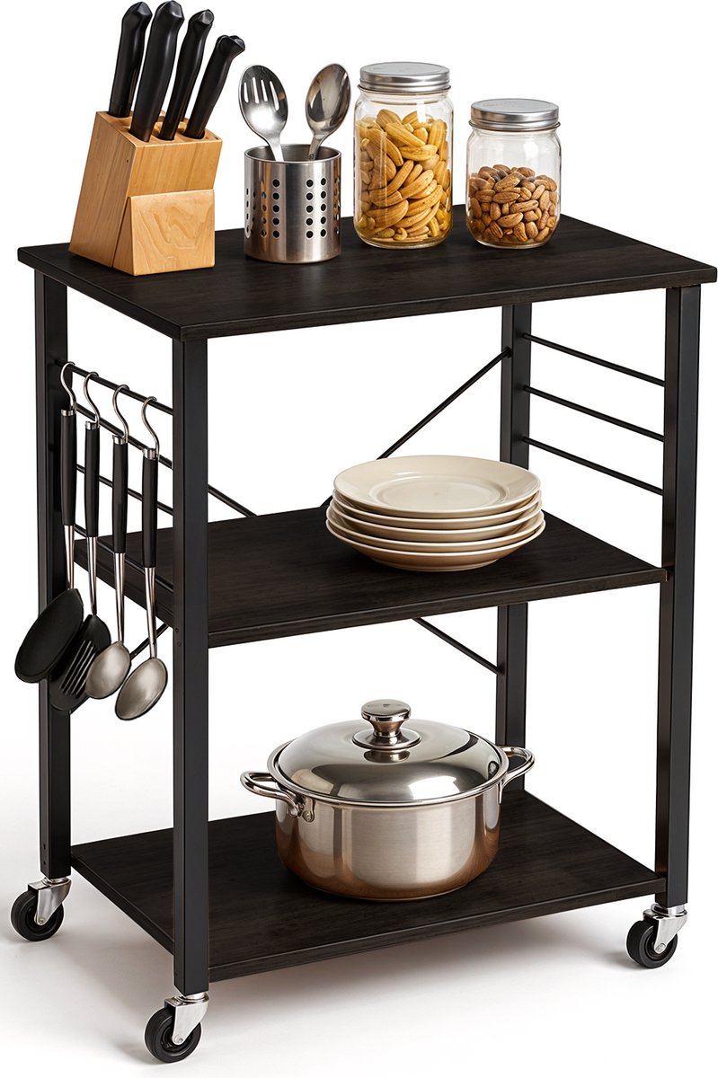 Goliving Keukentrolley - Keukenkast - Keukenrek - Serveerwagen - Keuken Organizer - Modern - 60x40x89 - Zwart hout