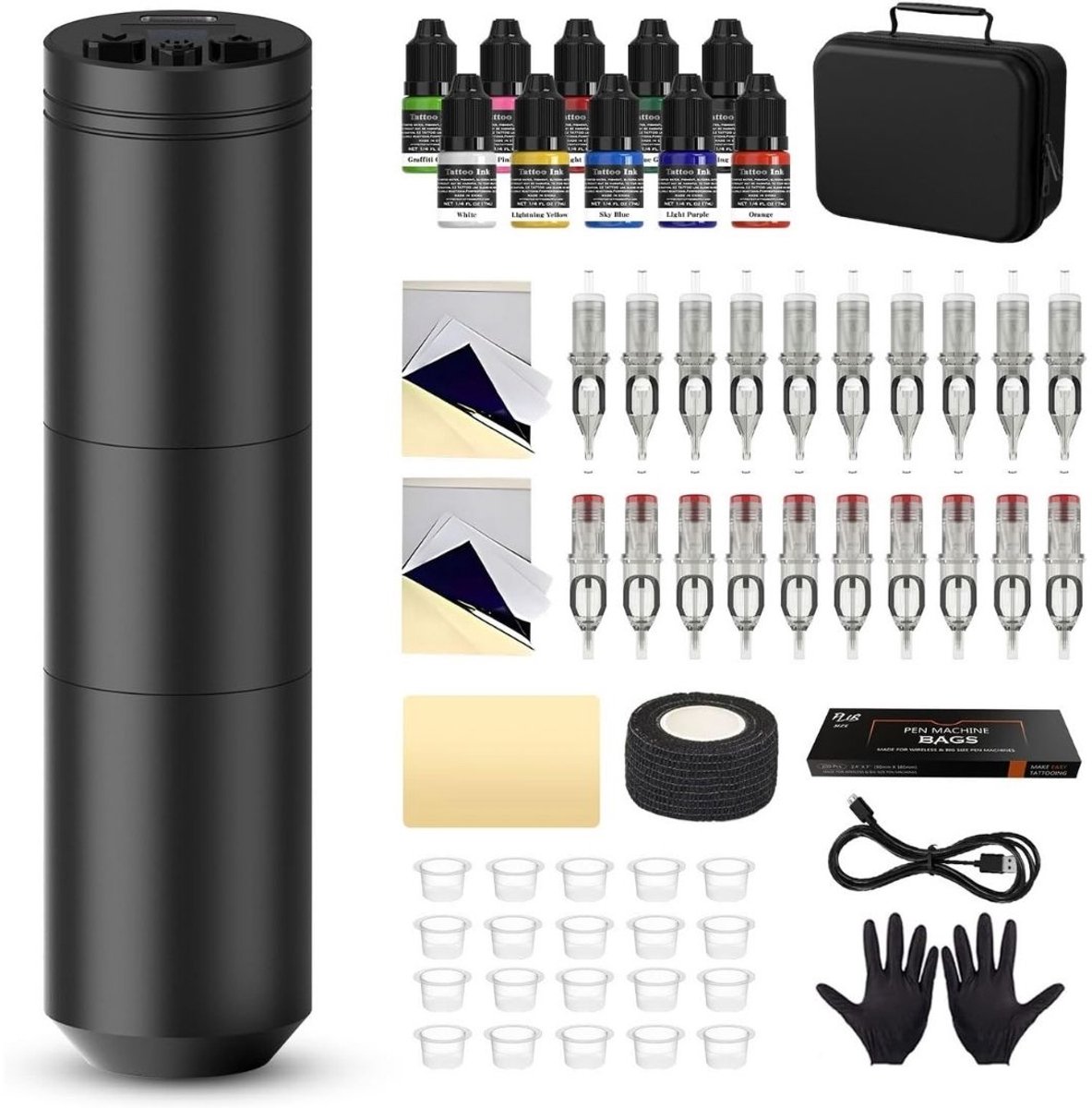 Hoge Kwaliteit Tattoo Machine met Accessoires - Tattoo Machines Draadloos - Tattoo Set Inclusief Inkt en Naalden - Tattoo Kit met Opbergkoffer - Voor Professionals en Beginners - B