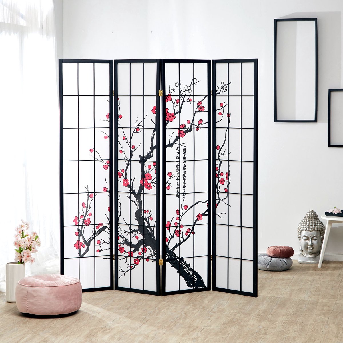 Homestyle4u Kamerscherm - 176x179 cm - zwart - 4-delig - kersen