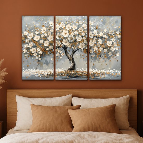 Ensemble de peintures sur toile 120x80 cm - Décoration murale triptyque - Arbre - Abstrait - Wit - Fleur - Décoration murale salon - Décoration chambre - Accessoires chambre - Peintures sur toile