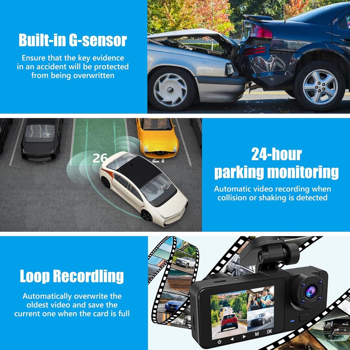 Dashcam voor auto voor en achter – Dual dashcam – Voor- en achtercamera – Autocamera – Full HD dashcam – Dashcam met nachtzicht – Dashcam met bewegingssensor – Groothoeklens – Parkeermodus – Loop recording – Dashcam met SD-kaart – foto 4