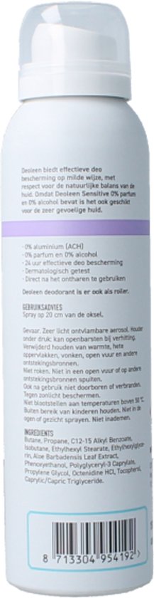 Deoleen 0% Aluminium - Deodorant Sensitive - 24 uur effectieve bescherming - 0% parfum & 0% alcohol - Dermatologisch getest - Anti-witte strepen - 150 ml